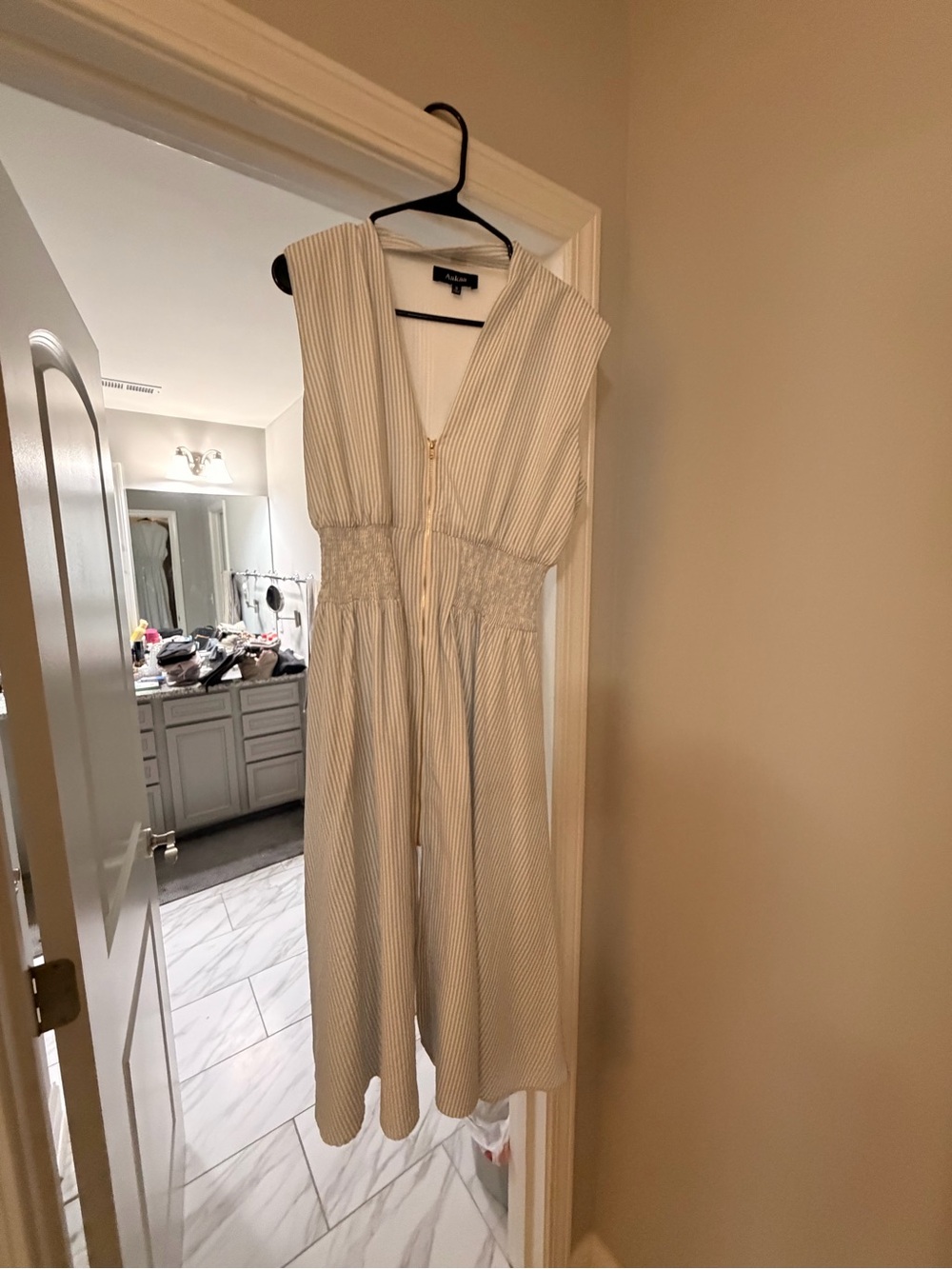Aakaa Cream and Light Blue Striped Midi Dress